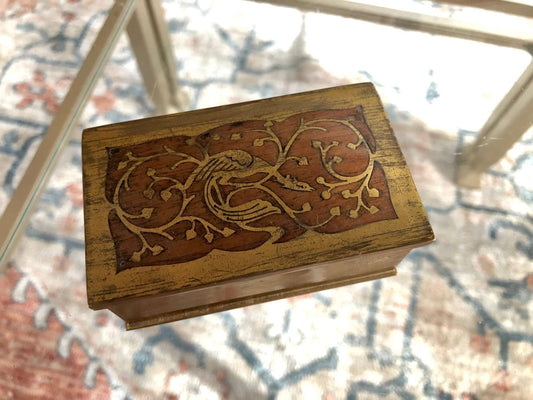 Vintage Gold Plated Silver Jewelry Box with Wood Inlay, Ornate Bird Motif Gold Plated .500 Silver Jewelry Box, Storage Box - Loom Vintage