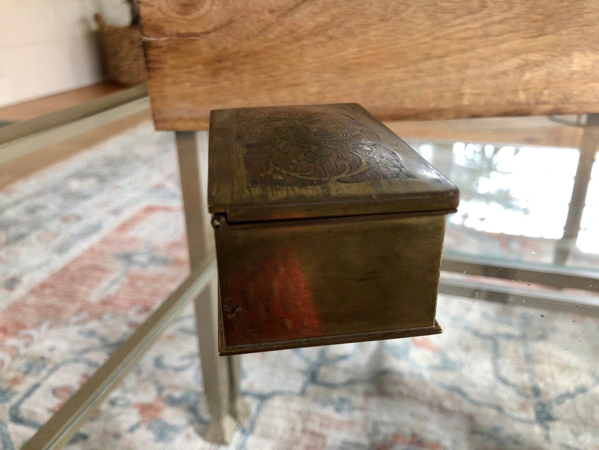 Vintage Gold Plated Silver Jewelry Box with Wood Inlay, Ornate Bird Motif Gold Plated .500 Silver Jewelry Box, Storage Box - Loom Vintage