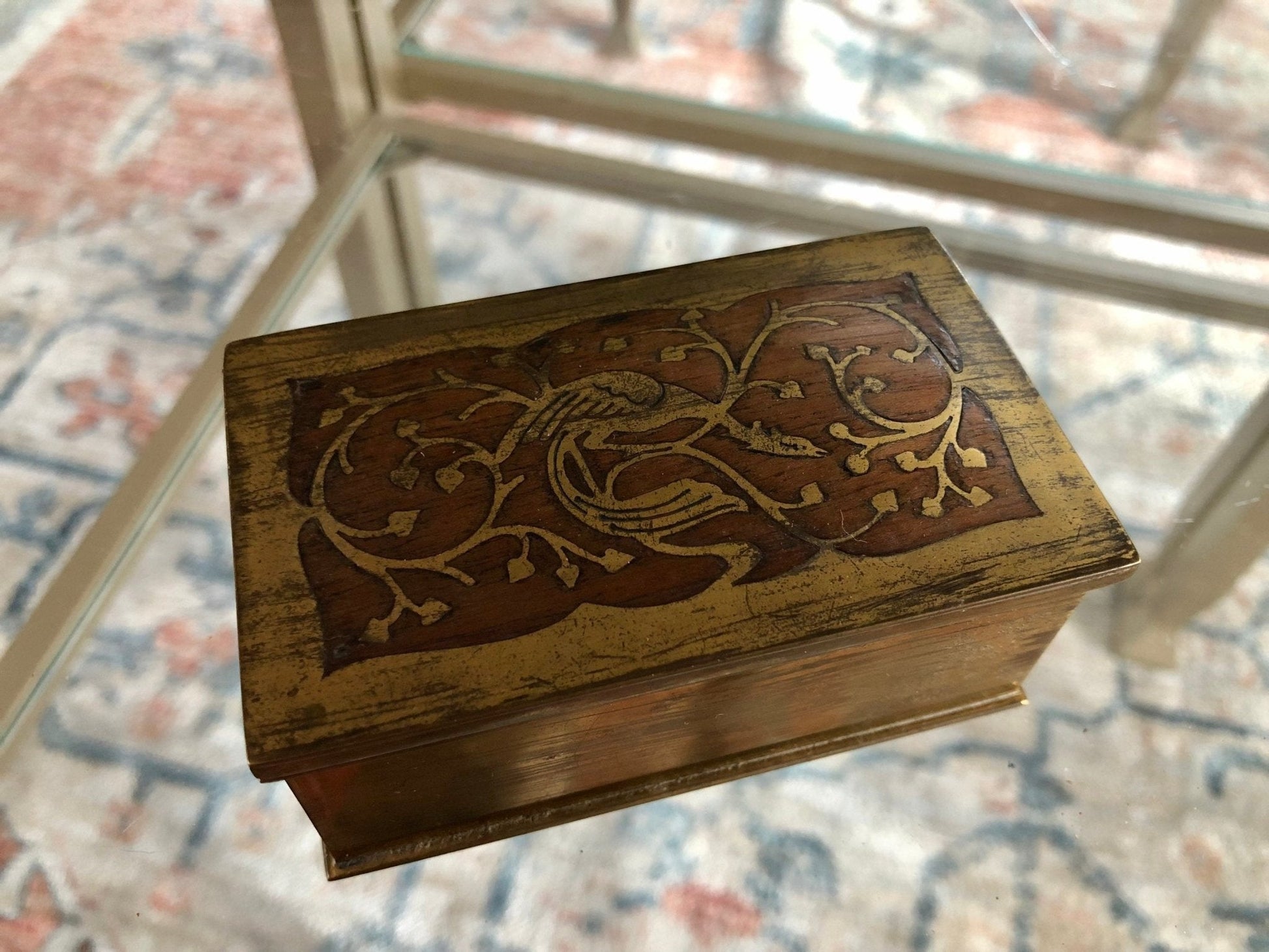Vintage Gold Plated Silver Jewelry Box with Wood Inlay, Ornate Bird Motif Gold Plated .500 Silver Jewelry Box, Storage Box - Loom Vintage
