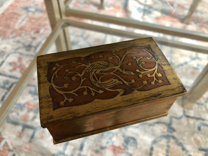 Vintage Gold Plated Silver Jewelry Box with Wood Inlay, Ornate Bird Motif Gold Plated .500 Silver Jewelry Box, Storage Box - Loom Vintage