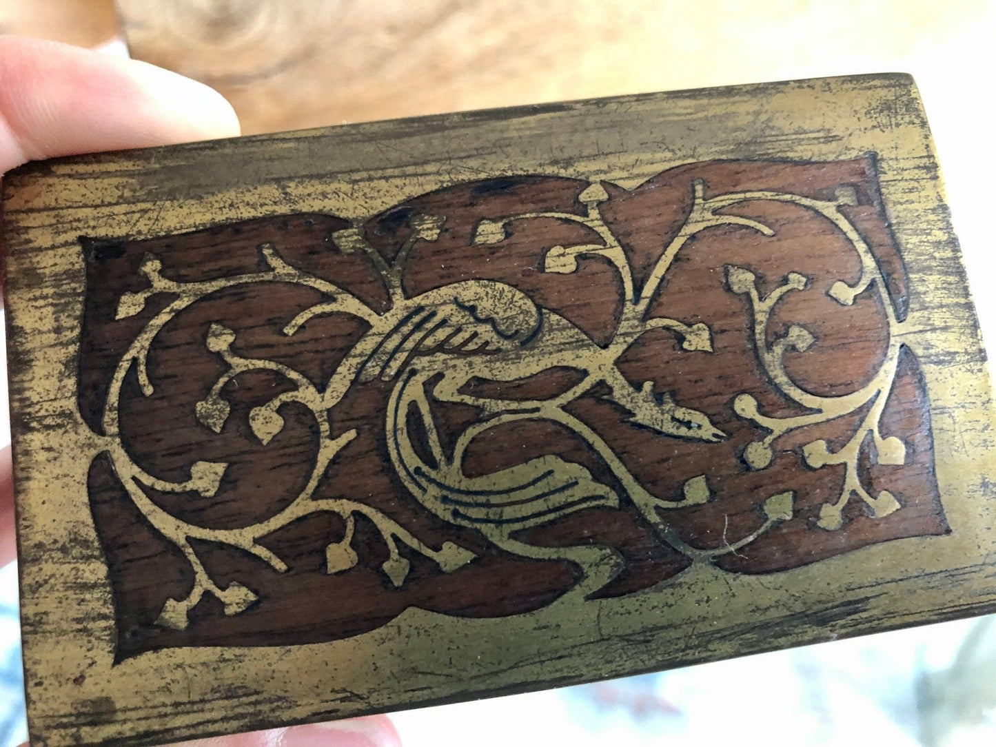 Vintage Gold Plated Silver Jewelry Box with Wood Inlay, Ornate Bird Motif Gold Plated .500 Silver Jewelry Box, Storage Box - Loom Vintage