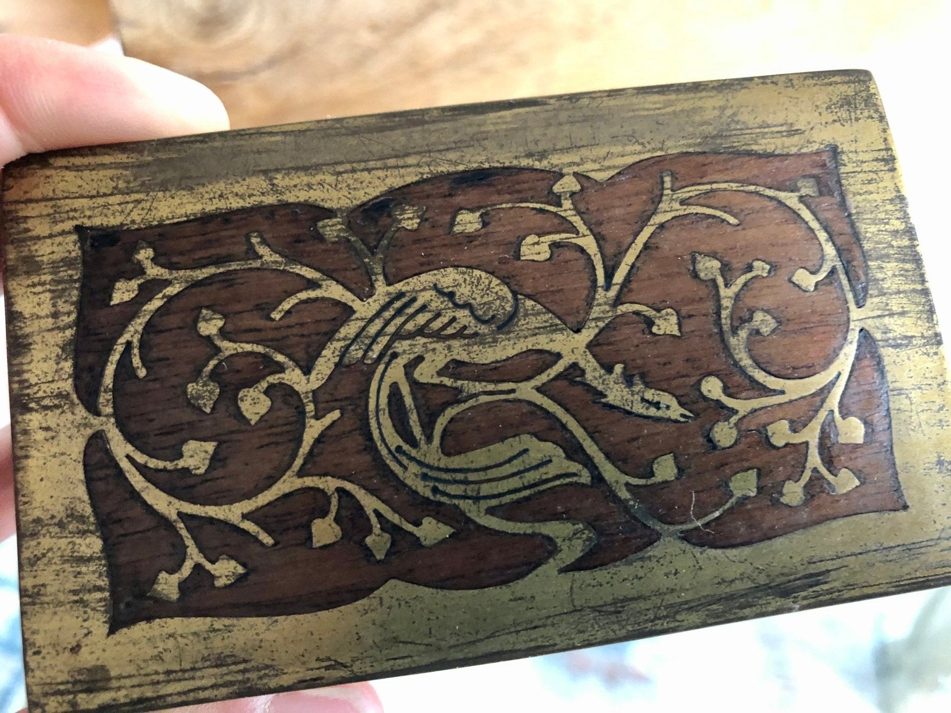 Vintage Gold Plated Silver Jewelry Box with Wood Inlay, Ornate Bird Motif Gold Plated .500 Silver Jewelry Box, Storage Box - Loom Vintage
