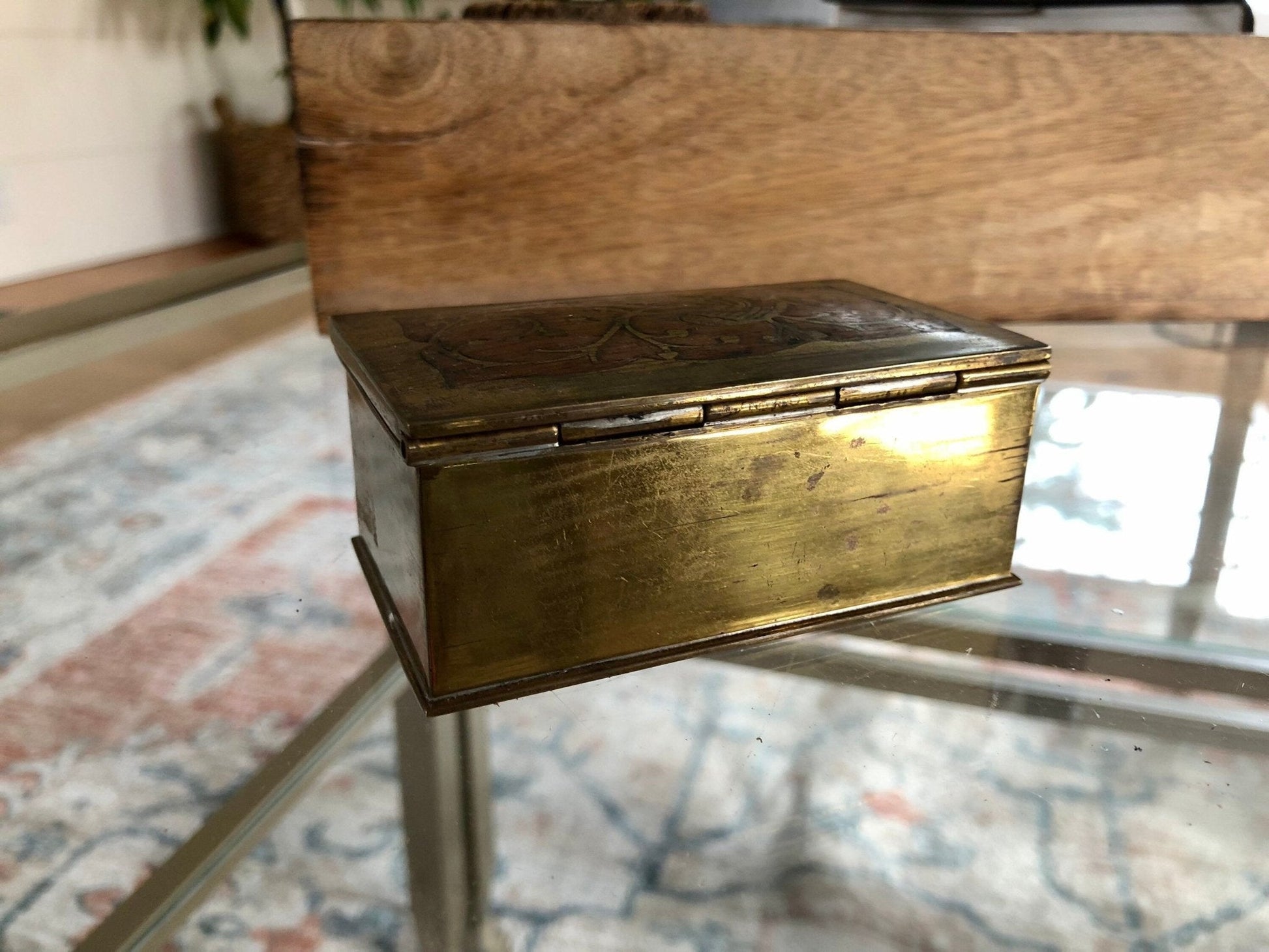 Vintage Gold Plated Silver Jewelry Box with Wood Inlay, Ornate Bird Motif Gold Plated .500 Silver Jewelry Box, Storage Box - Loom Vintage