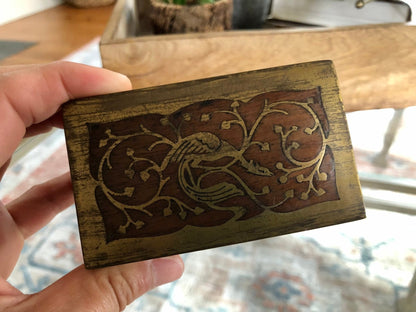Vintage Gold Plated Silver Jewelry Box with Wood Inlay, Ornate Bird Motif Gold Plated .500 Silver Jewelry Box, Storage Box - Loom Vintage