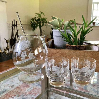 Vintage mid-century grapevine cocktail pitcher set with glass stirrer and 2 glasses, photo 1 of 9