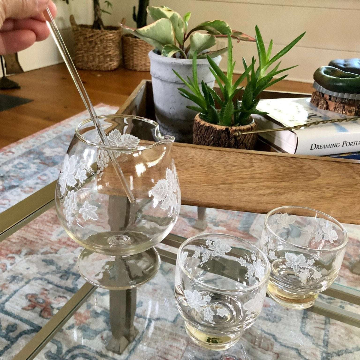 Vintage mid-century grapevine cocktail pitcher set with glass stirrer and 2 glasses, photo 2 of 9