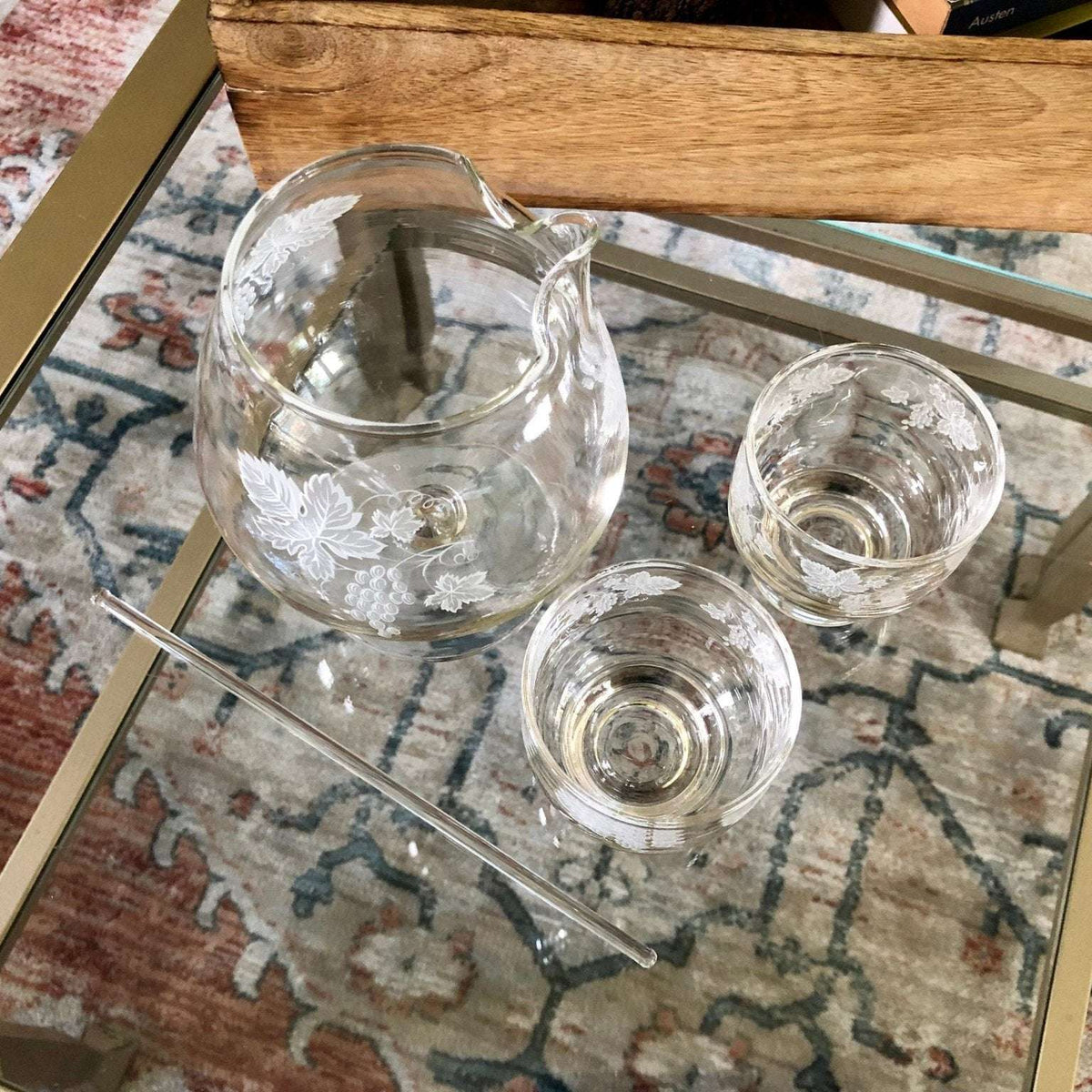 Vintage mid-century grapevine cocktail pitcher set with glass stirrer and 2 glasses, photo 4 of 9