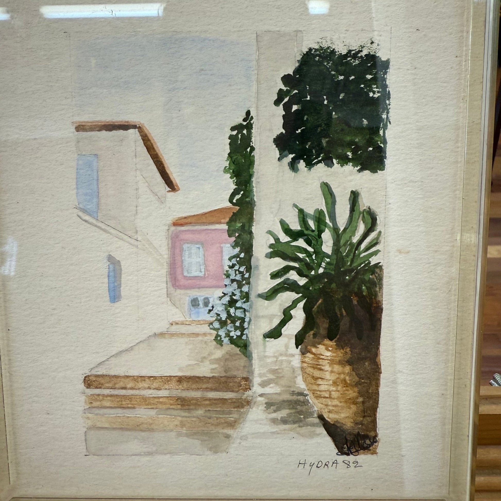 Vintage Greek Watercolor Painting – “Hydra 82” in Acrylic Frame - Loom Vintage