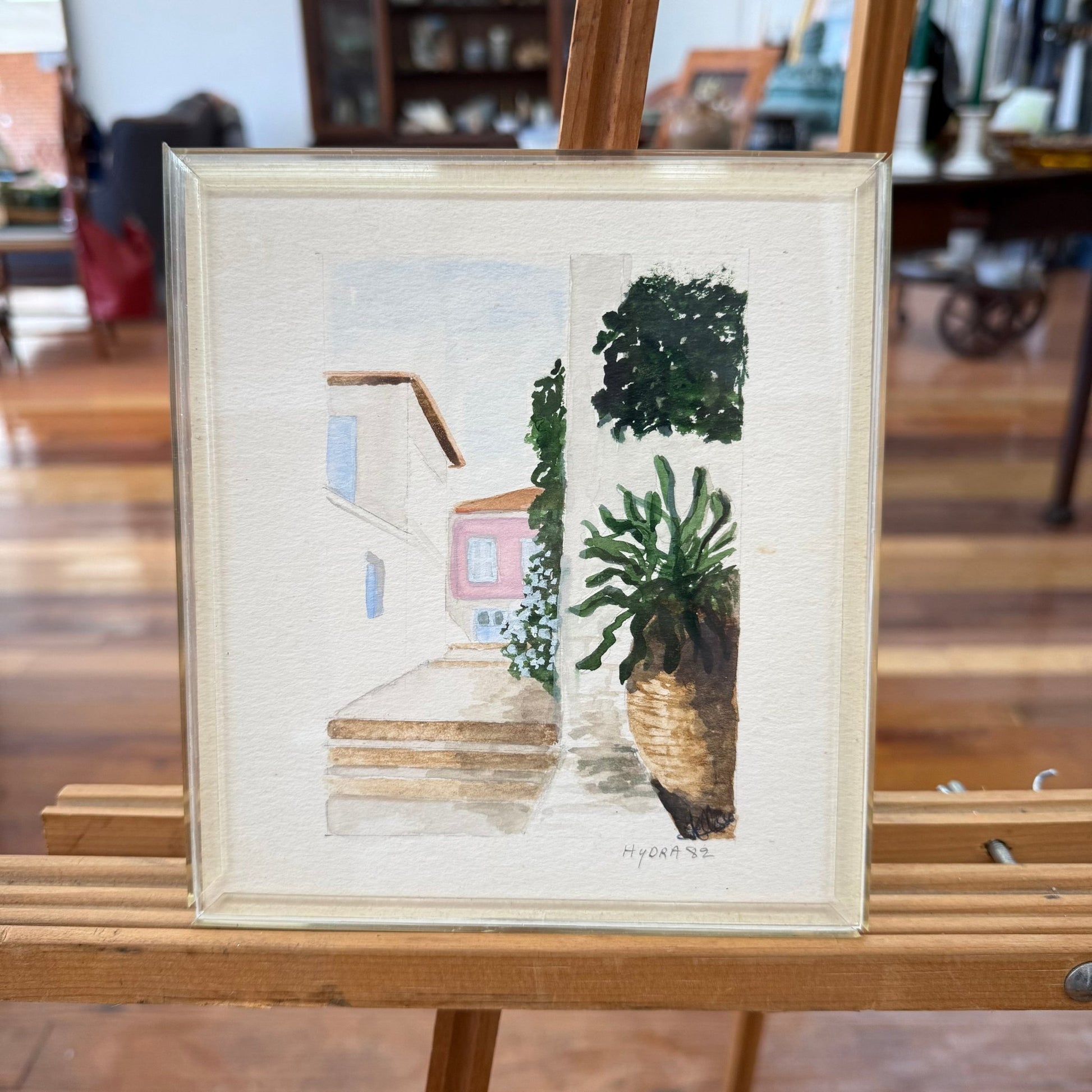 Vintage Greek Watercolor Painting – “Hydra 82” in Acrylic Frame - Loom Vintage