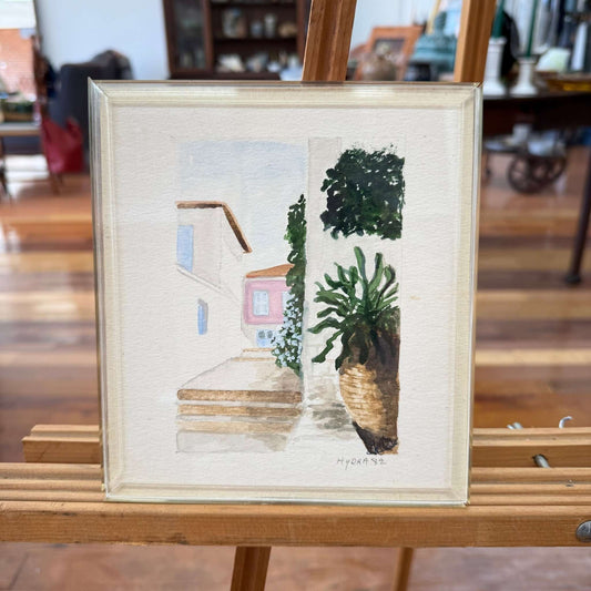 Vintage Greek Watercolor Painting – “Hydra 82” in Acrylic Frame - Loom Vintage