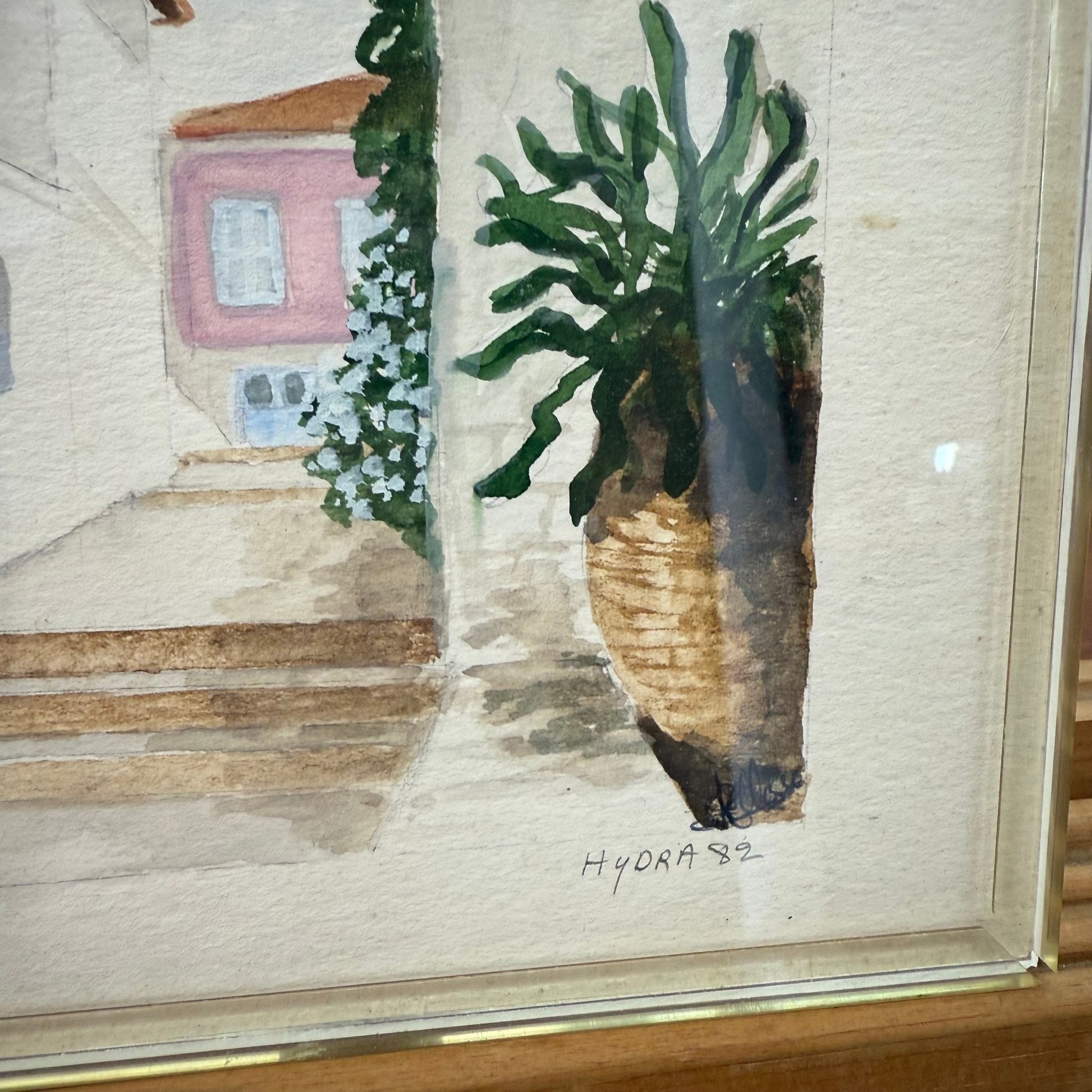 Vintage Greek Watercolor Painting – “Hydra 82” in Acrylic Frame - Loom Vintage