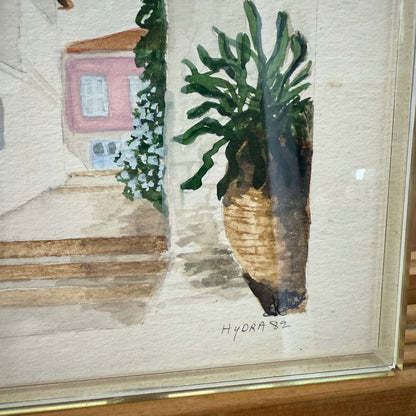 Vintage Greek Watercolor Painting – “Hydra 82” in Acrylic Frame - Loom Vintage