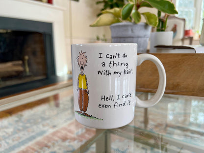 Vintage Hallmark Shoebox Ceramic Coffee Mug, Illustration, "I can't do a thing with my hair. Hell, I can't even find it" - Loom Vintage
