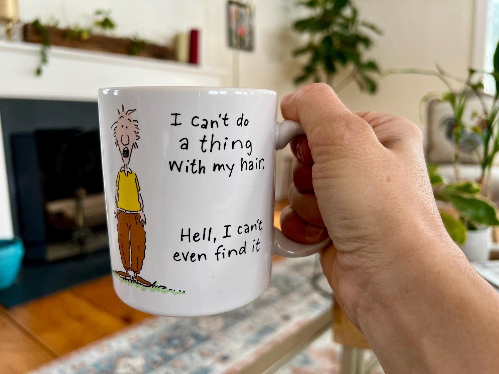 Vintage Hallmark Shoebox Ceramic Coffee Mug, Illustration, "I can't do a thing with my hair. Hell, I can't even find it" - Loom Vintage