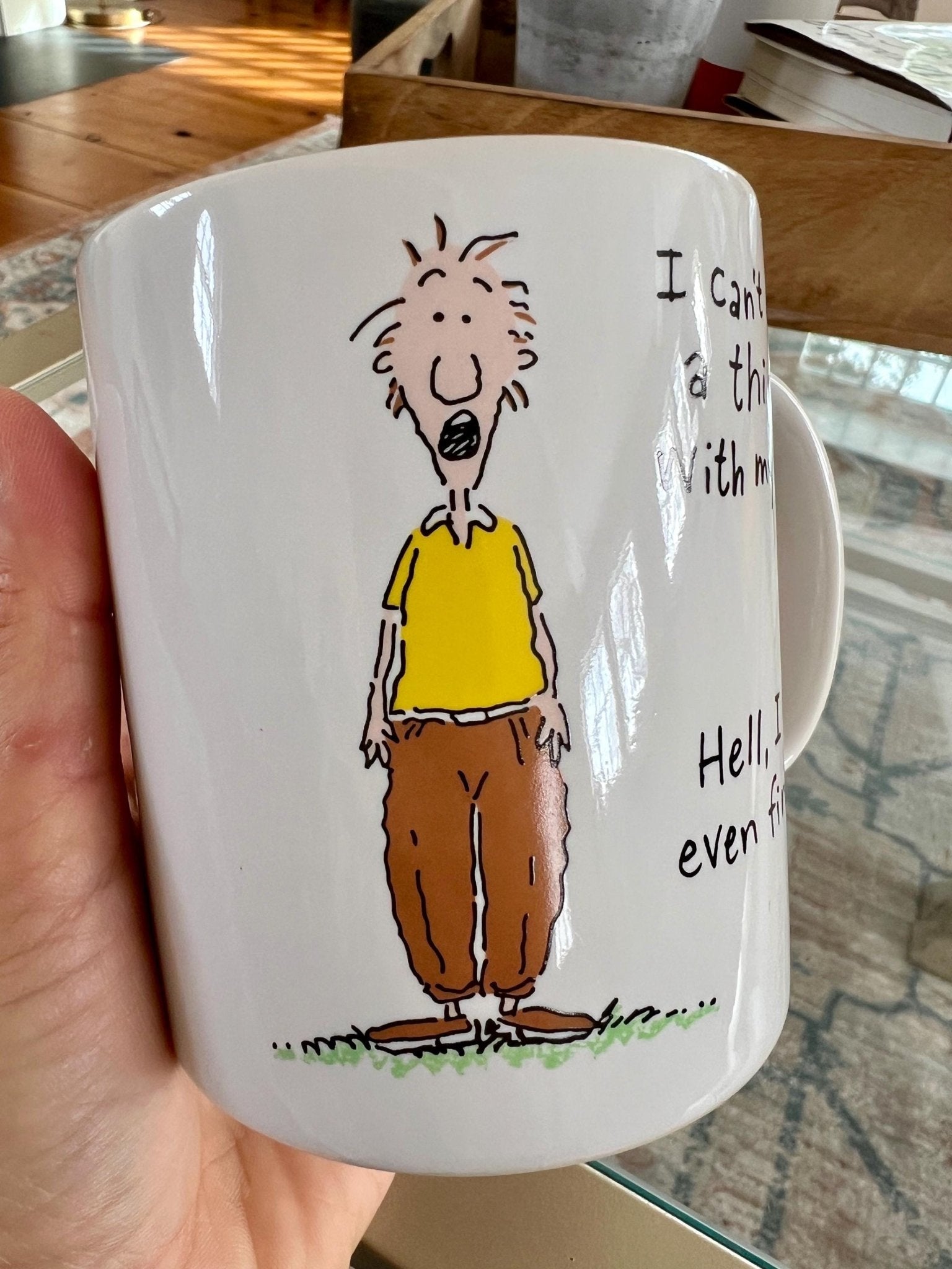 Vintage Hallmark Shoebox Ceramic Coffee Mug, Illustration, "I can't do a thing with my hair. Hell, I can't even find it" - Loom Vintage