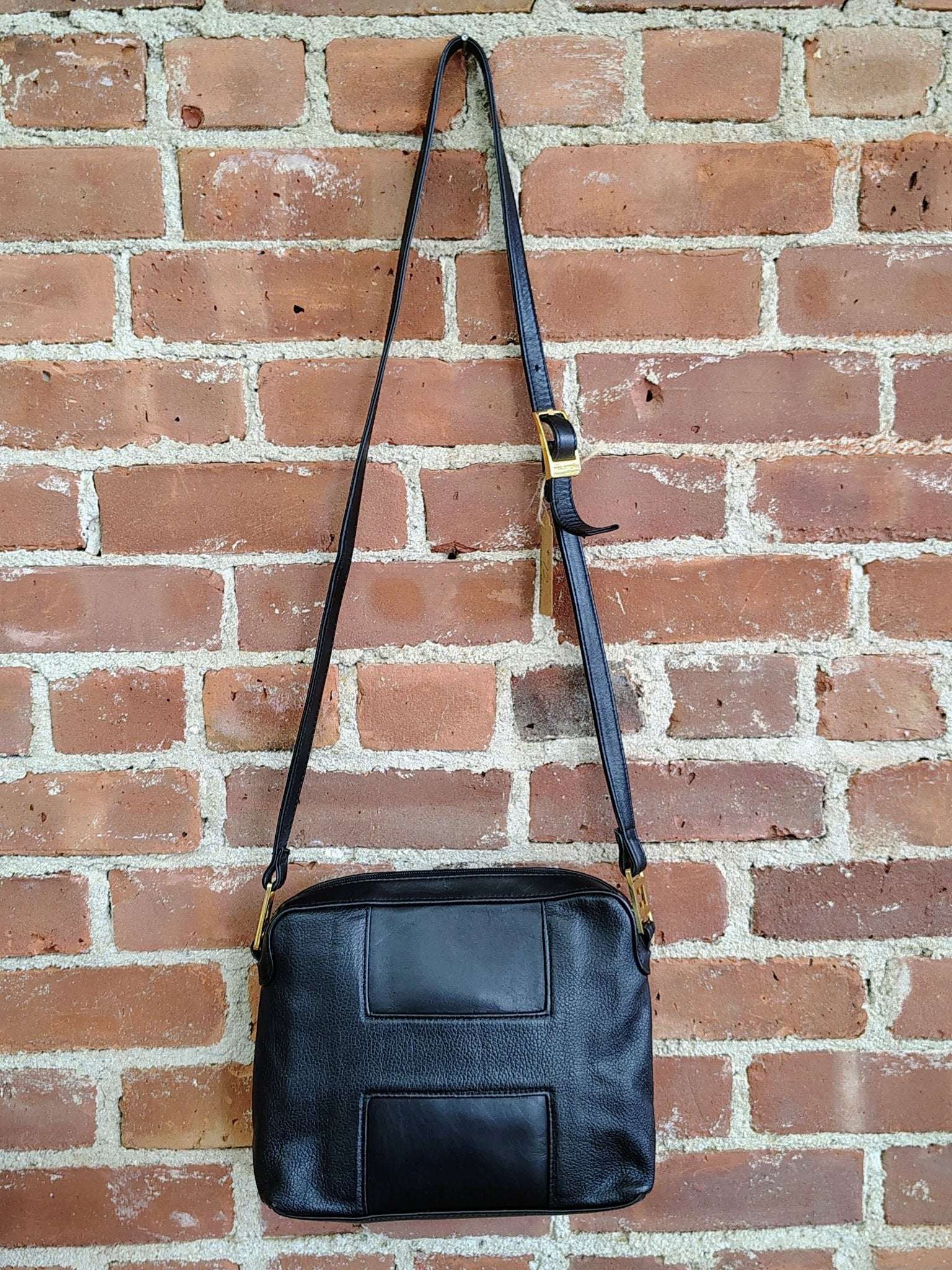 Vintage Halston Black Leather Crossbody Bag – Minimalist Designer Style - Loom Vintage