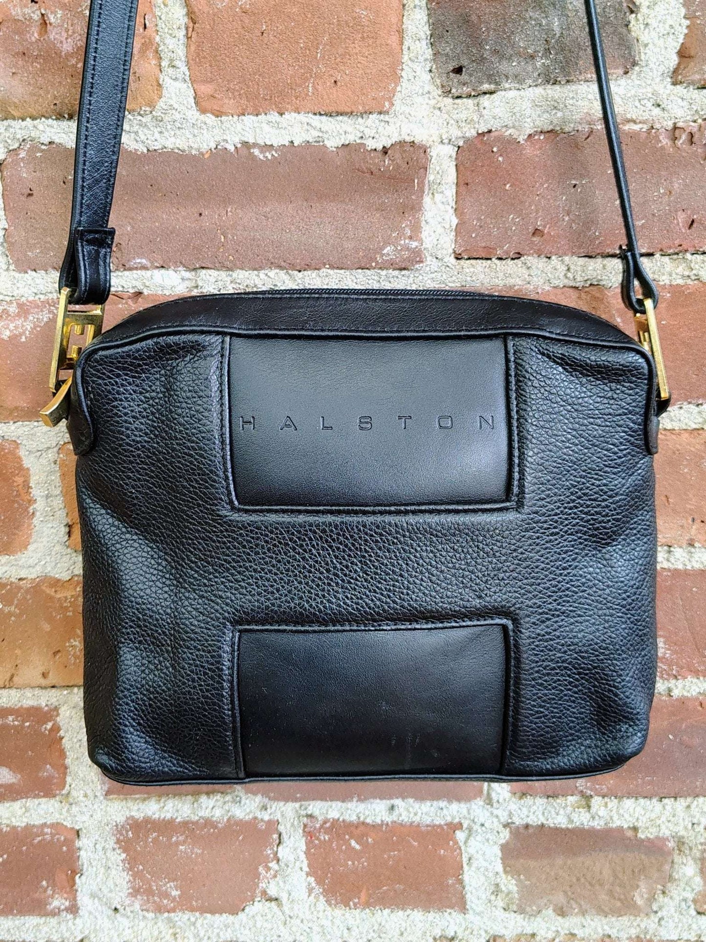 Vintage Halston Black Leather Crossbody Bag – Minimalist Designer Style - Loom Vintage