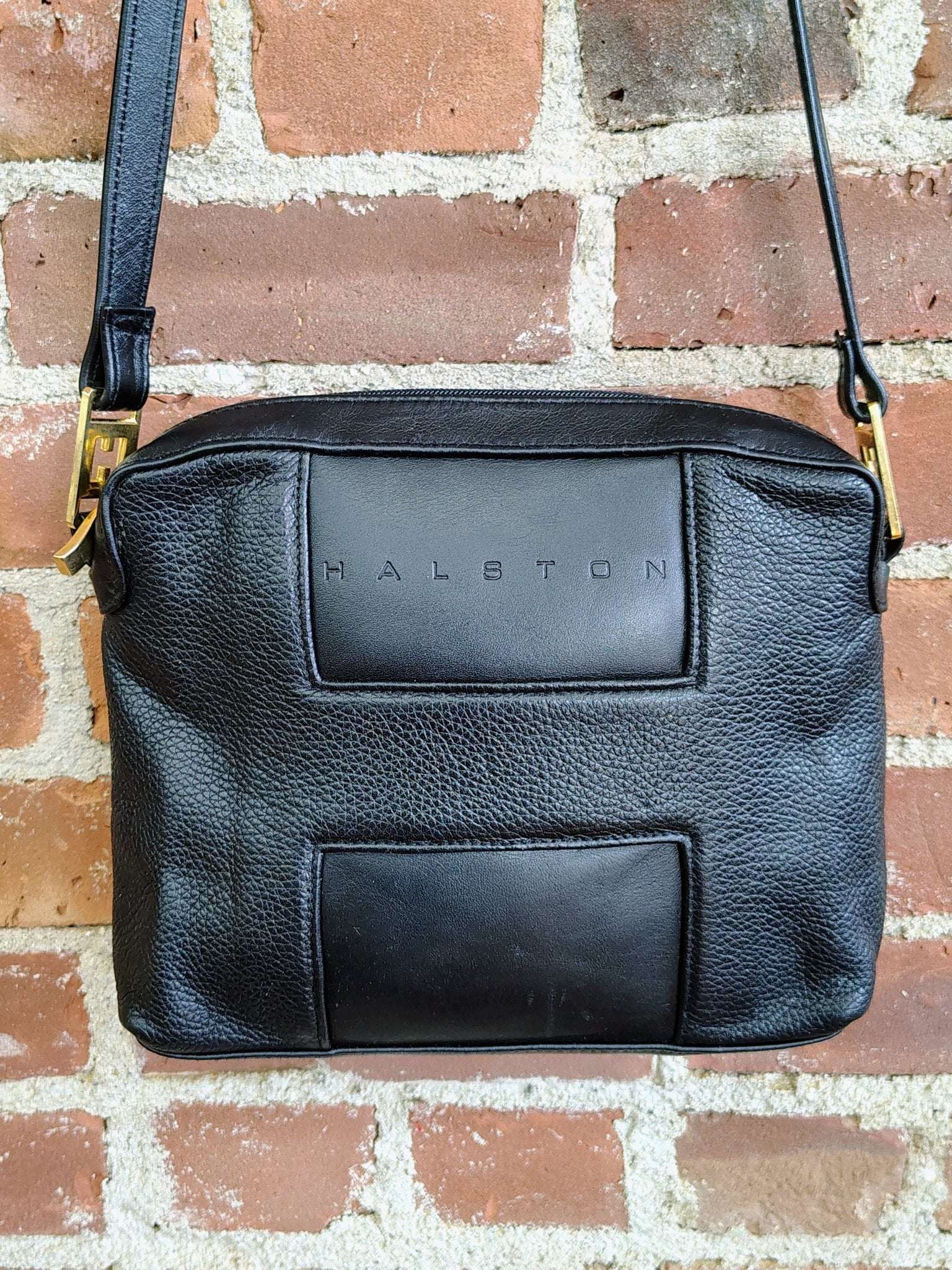 Vintage Halston Black Leather Crossbody Bag – Minimalist Designer Style - Loom Vintage