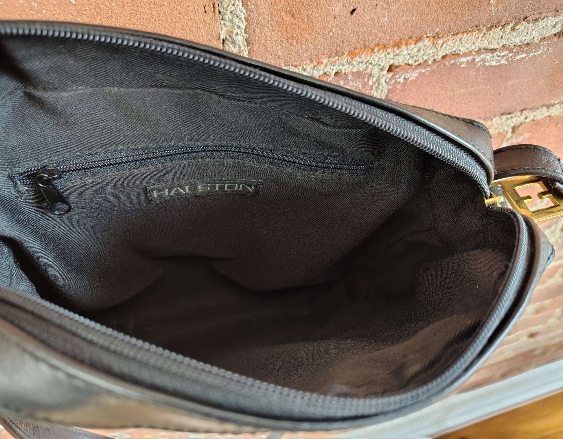 Vintage Halston Black Leather Crossbody Bag – Minimalist Designer Style - Loom Vintage