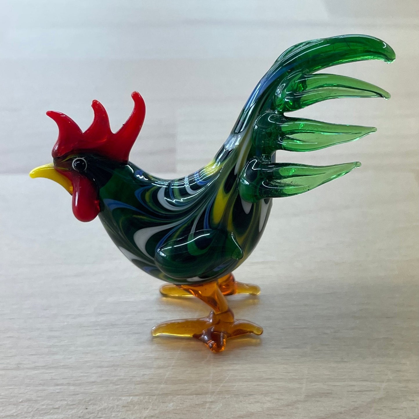 Vintage Hand - Blown Glass Rooster Figurine – Green Swirl, 3” - Loom Vintage