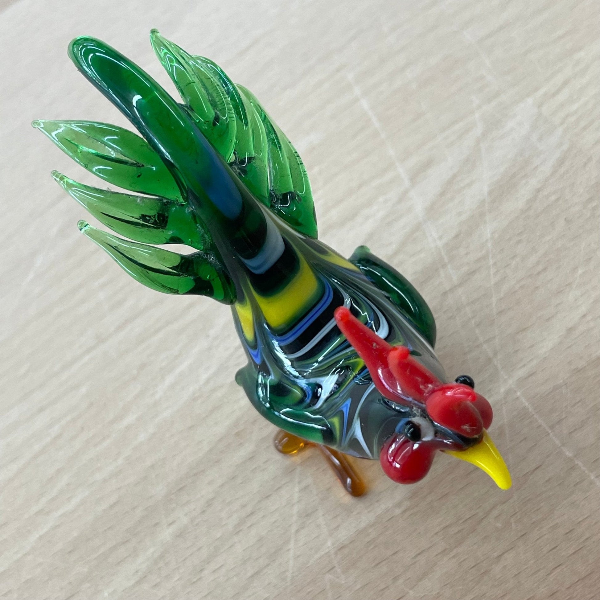 Vintage Hand - Blown Glass Rooster Figurine – Green Swirl, 3” - Loom Vintage