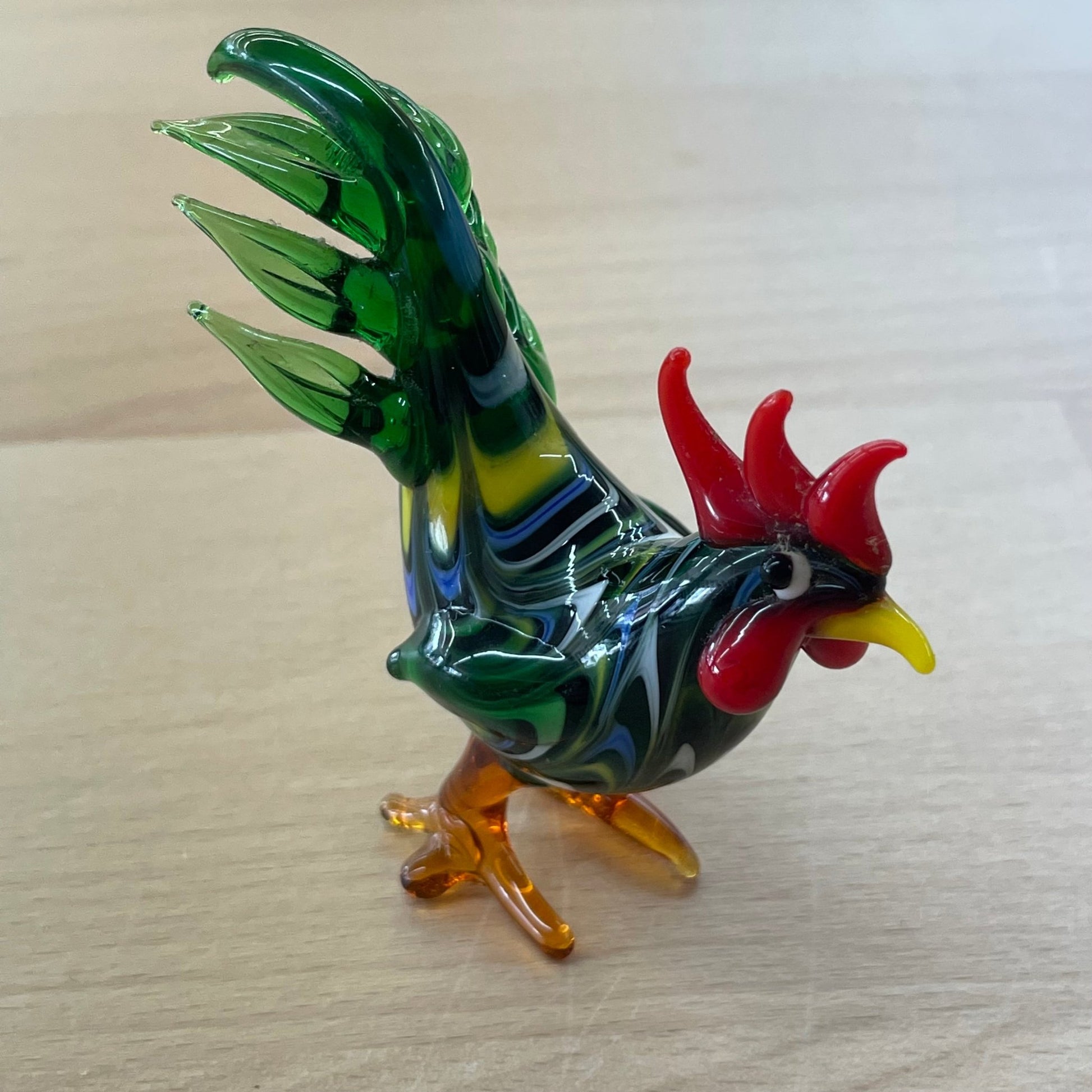 Vintage Hand - Blown Glass Rooster Figurine – Green Swirl, 3” - Loom Vintage