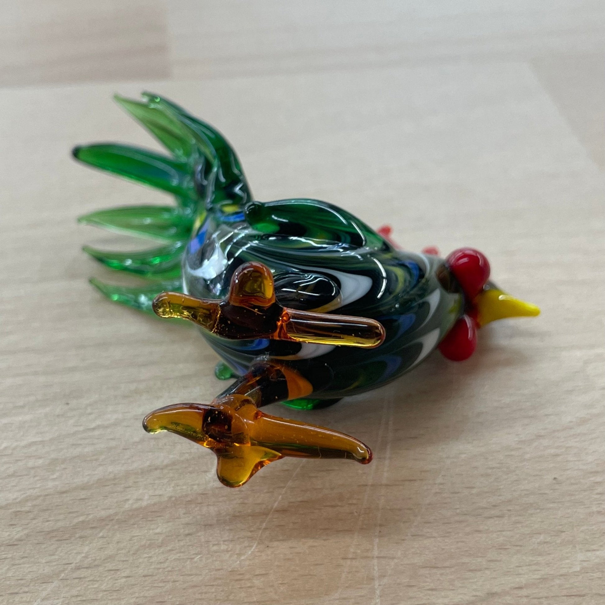 Vintage Hand - Blown Glass Rooster Figurine – Green Swirl, 3” - Loom Vintage