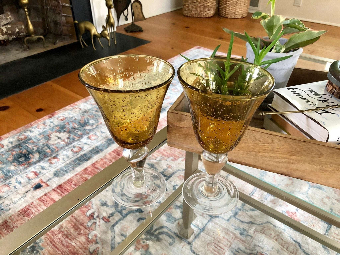 Vintage Hand Blown Water/ Wine Glasses, Barware, Bubble Glass, Yellow with White Stem - Loom Vintage