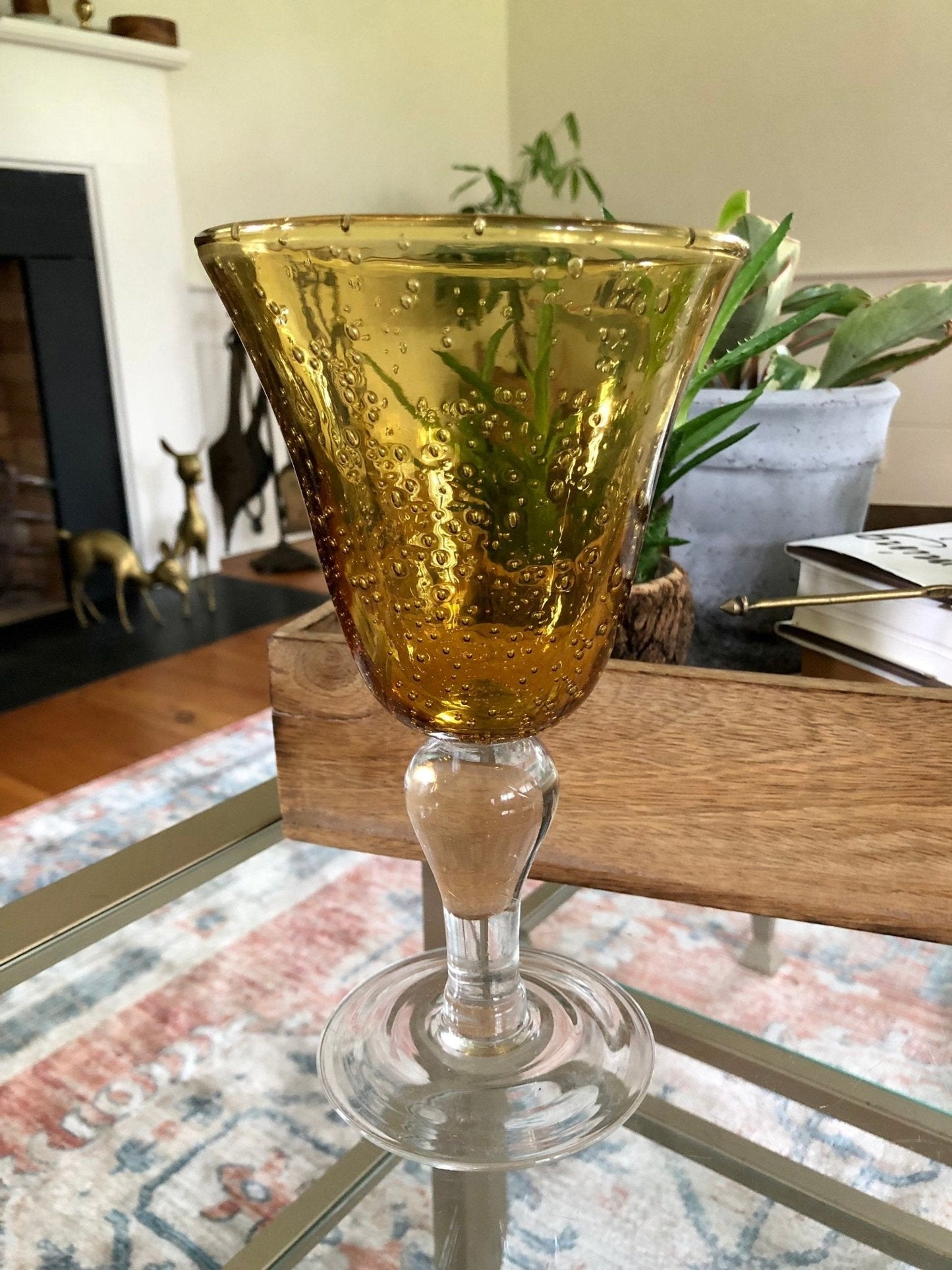 Vintage Hand Blown Water/ Wine Glasses, Barware, Bubble Glass, Yellow with White Stem - Loom Vintage