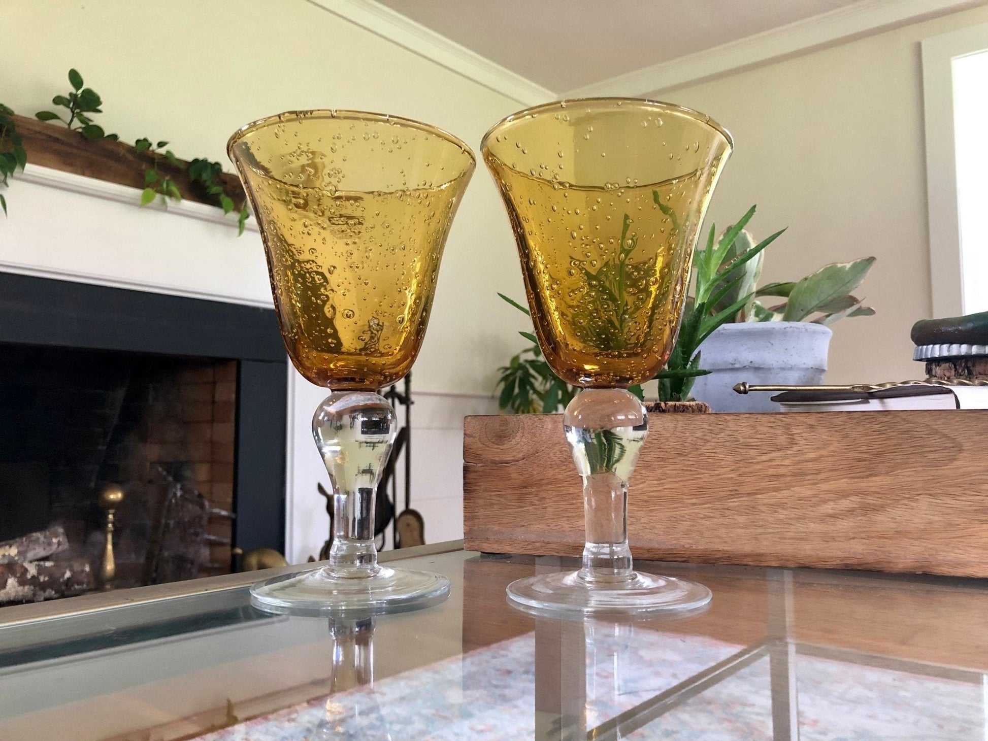 Vintage Hand Blown Water/ Wine Glasses, Barware, Bubble Glass, Yellow with White Stem - Loom Vintage