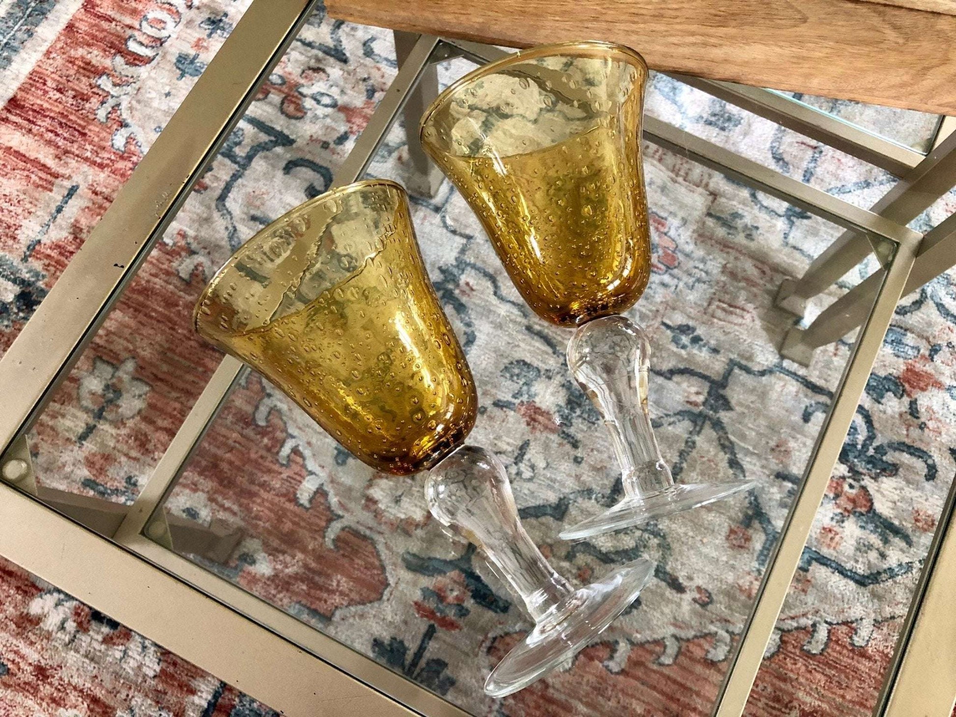 Vintage Hand Blown Water/ Wine Glasses, Barware, Bubble Glass, Yellow with White Stem - Loom Vintage