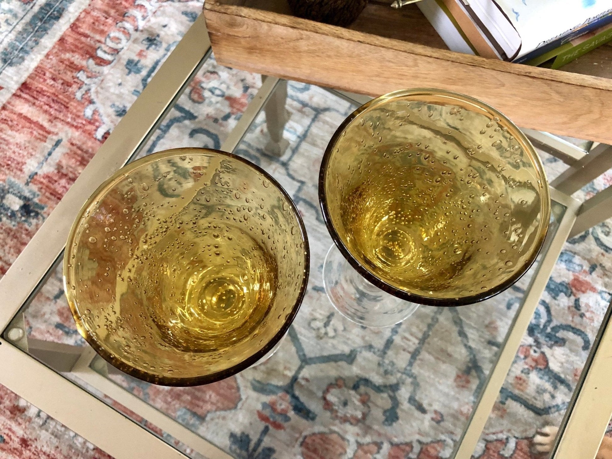 Vintage Hand Blown Water/ Wine Glasses, Barware, Bubble Glass, Yellow with White Stem - Loom Vintage