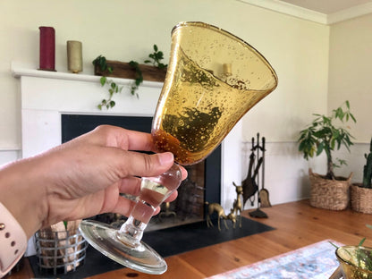 Vintage Hand Blown Water/ Wine Glasses, Barware, Bubble Glass, Yellow with White Stem - Loom Vintage