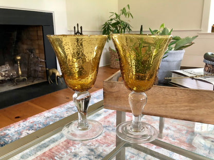 Vintage Hand Blown Water/ Wine Glasses, Barware, Bubble Glass, Yellow with White Stem - Loom Vintage