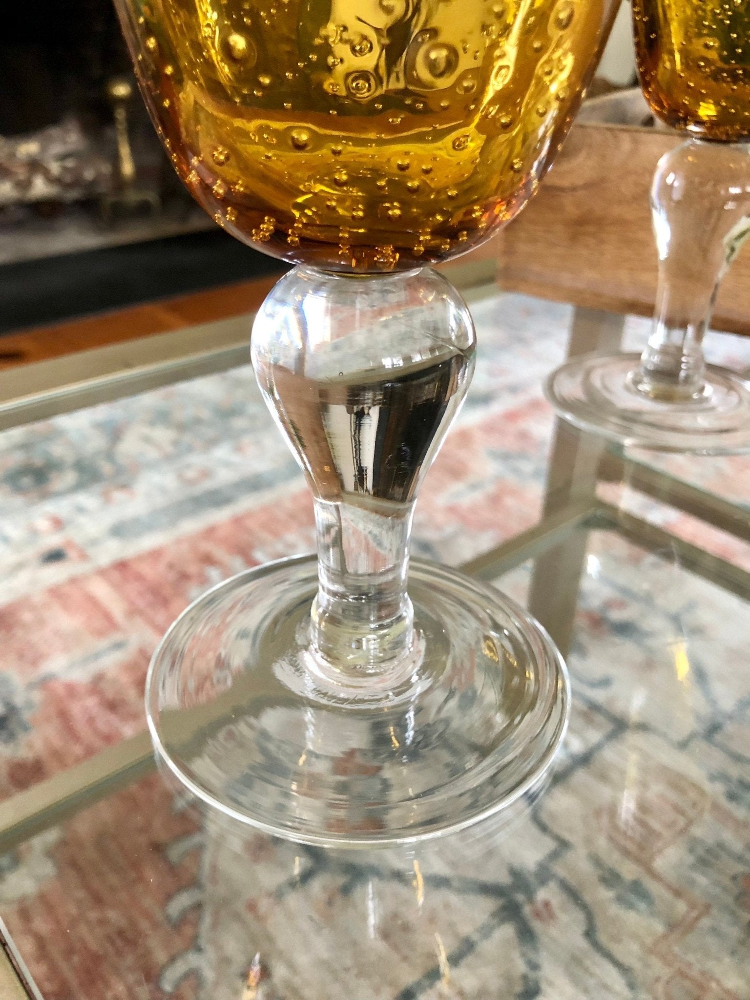 Vintage Hand Blown Water/ Wine Glasses, Barware, Bubble Glass, Yellow with White Stem - Loom Vintage