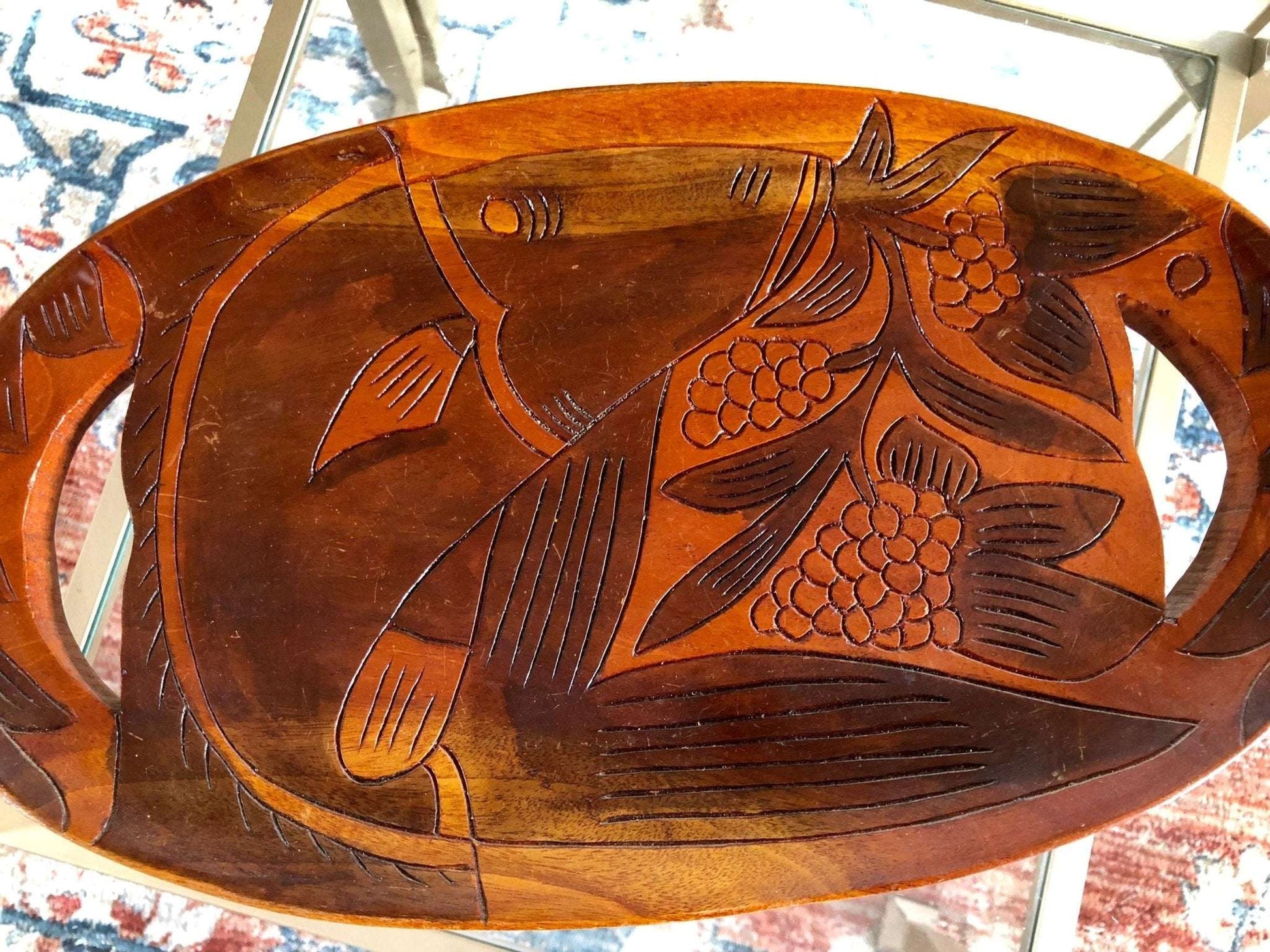 Vintage Hand Carved Wooden Fish Tray Mid - Century Serving Dish - Loom Vintage