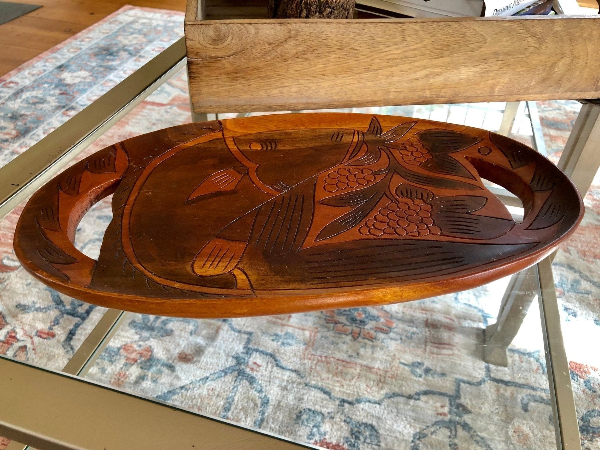 Vintage Hand Carved Wooden Fish Tray Mid - Century Serving Dish - Loom Vintage