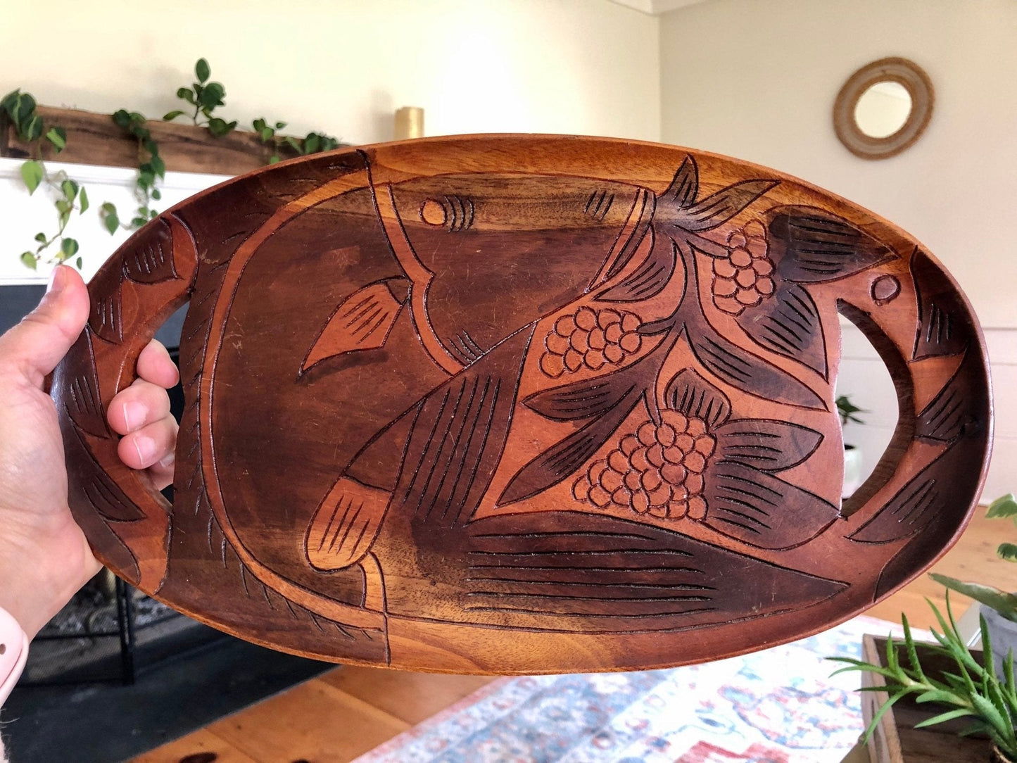 Vintage Hand Carved Wooden Fish Tray Mid - Century Serving Dish - Loom Vintage