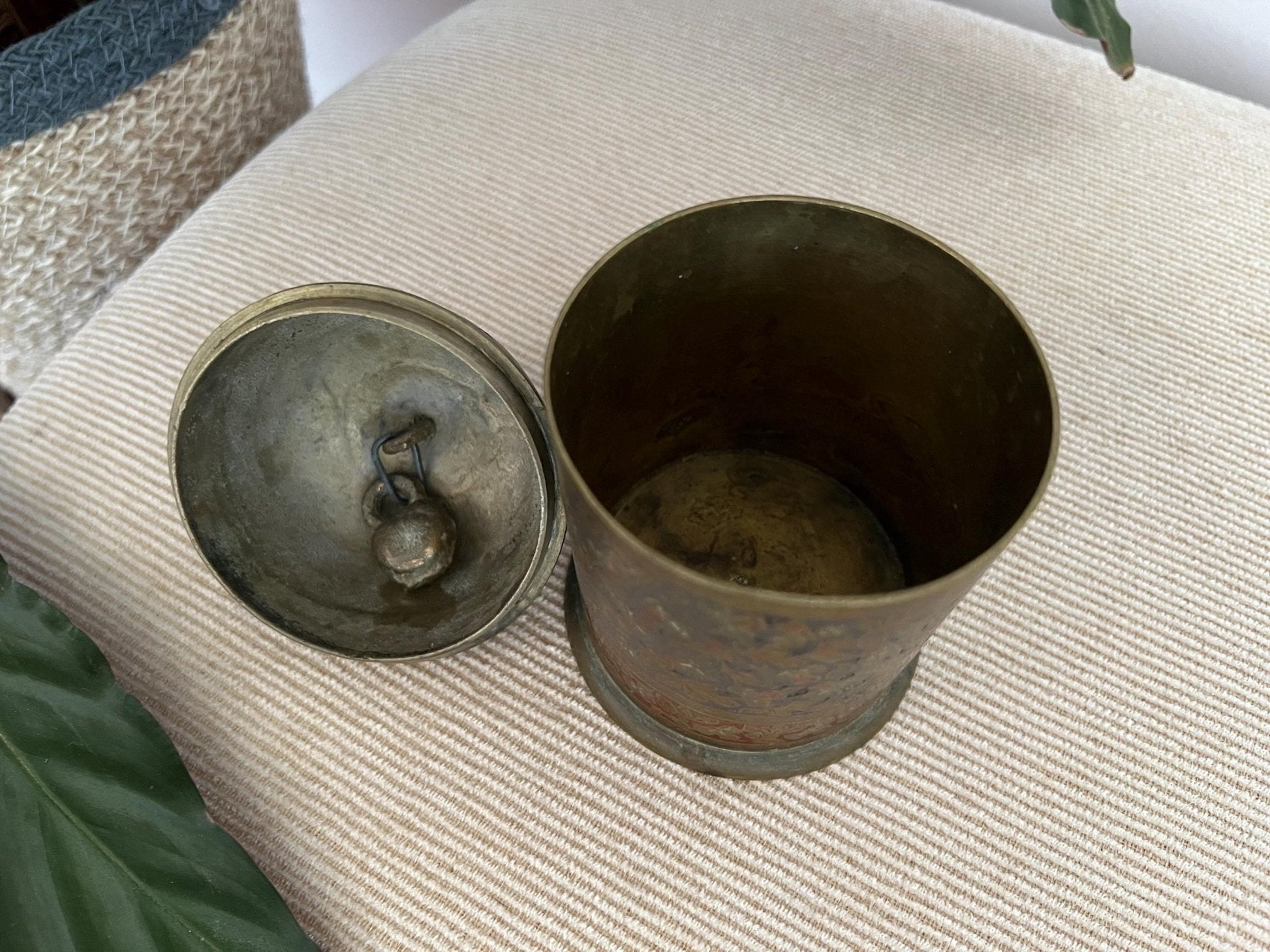 Vintage Hand - Etched Solid Brass Lidded Canister Jar - Loom Vintage