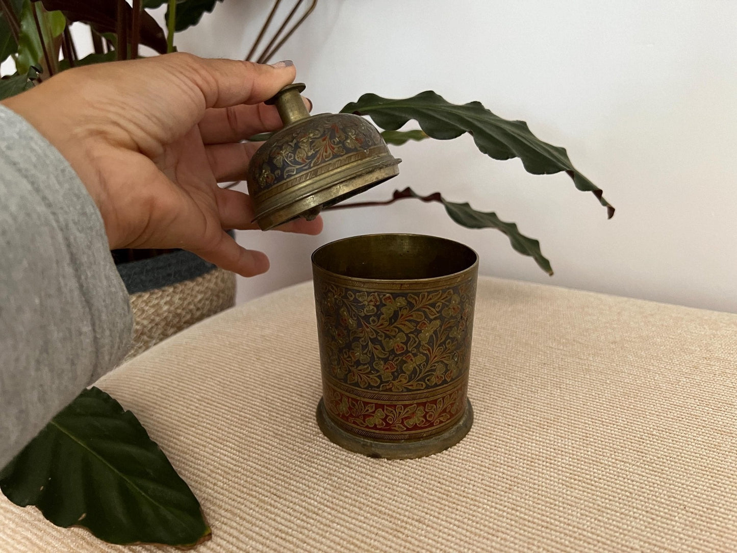 Vintage Hand - Etched Solid Brass Lidded Canister Jar - Loom Vintage