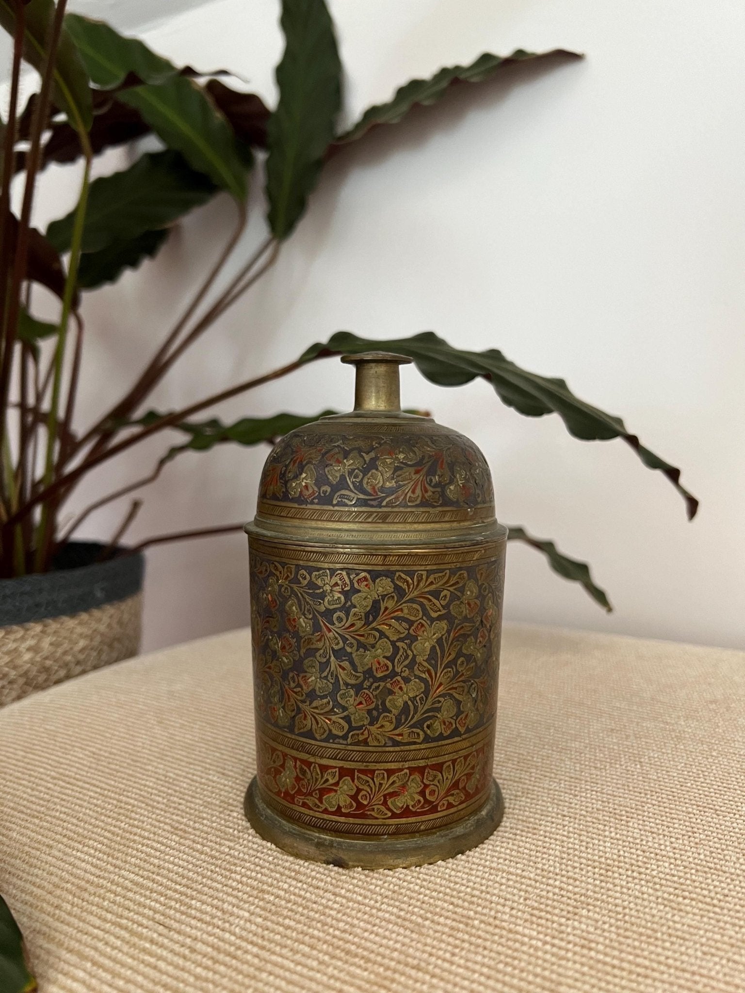 Vintage Hand - Etched Solid Brass Lidded Canister Jar - Loom Vintage
