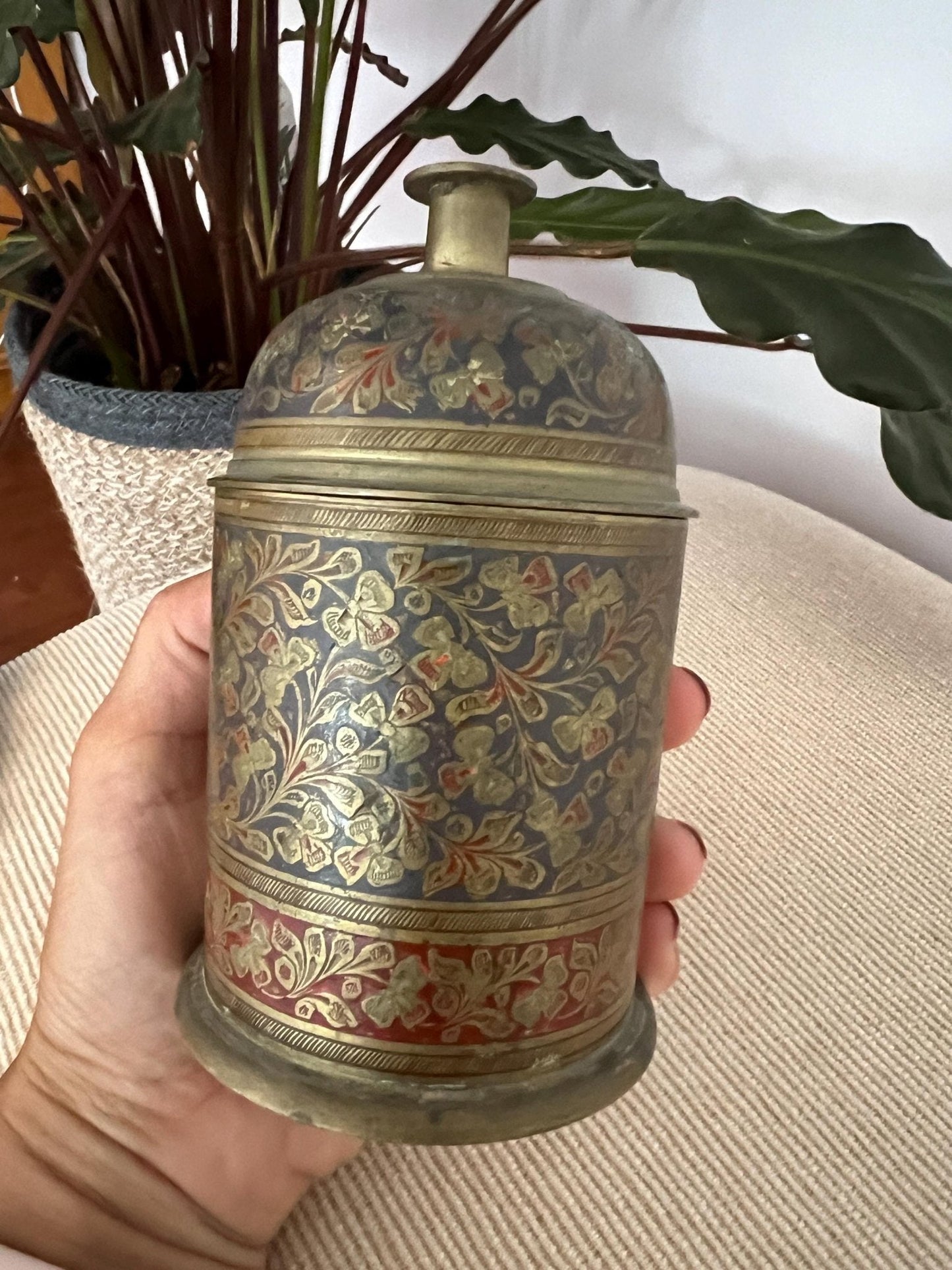Vintage Hand - Etched Solid Brass Lidded Canister Jar - Loom Vintage