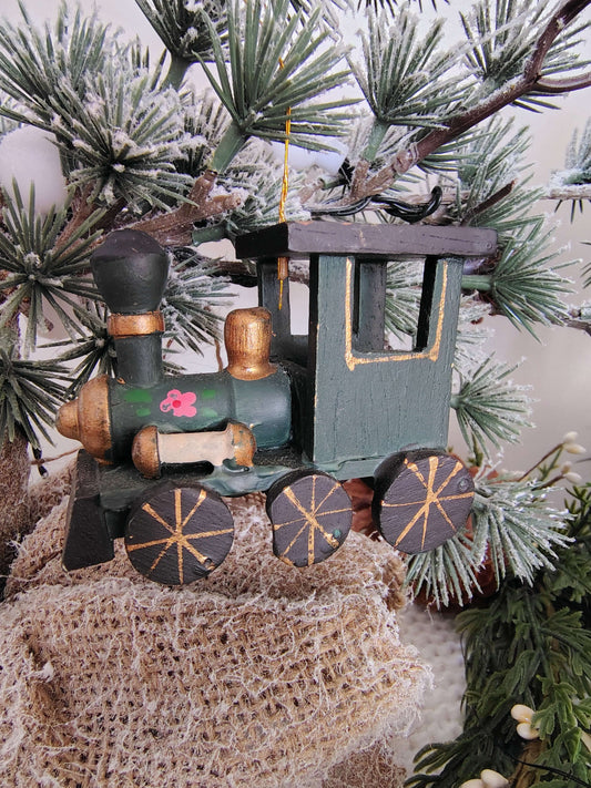 Vintage Hand-Painted Wood Christmas Train Ornament, Green & Gold Locomotive, photo 1 of 6
