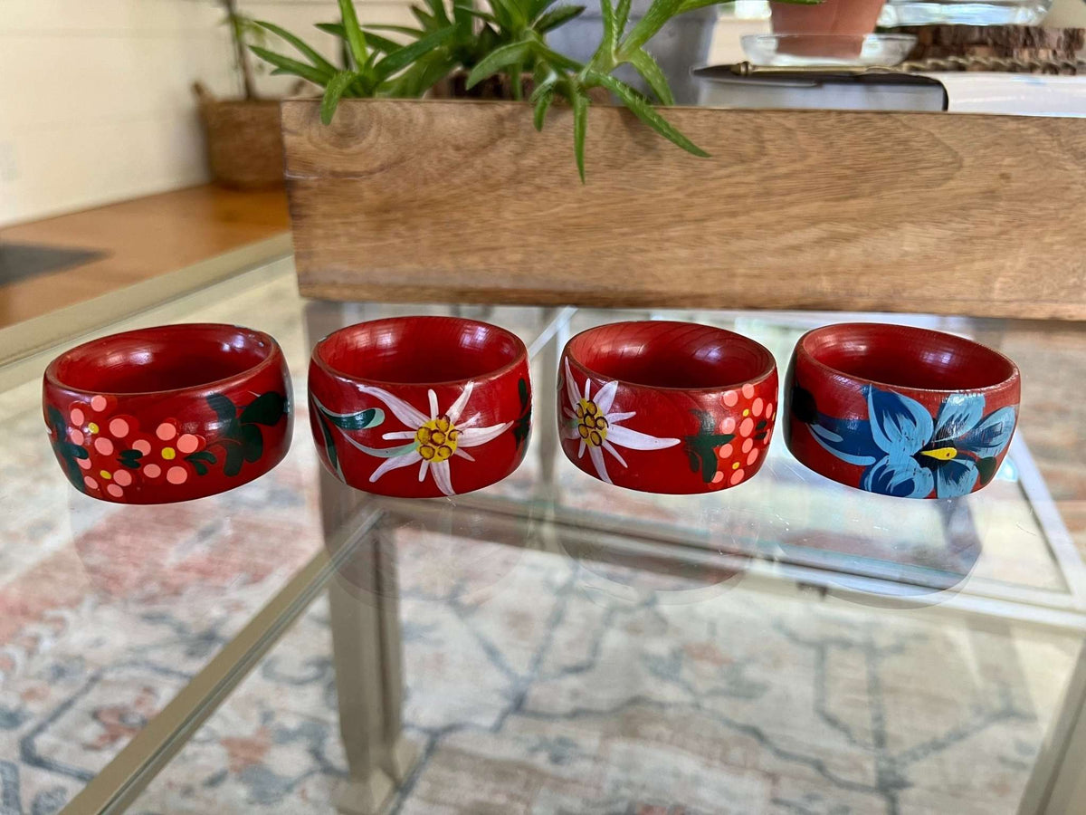 Vintage Hand-Painted Wood Napkin Rings, Set of 4, Red with Edelweiss and Alpine Flowers, photo 1 of 8