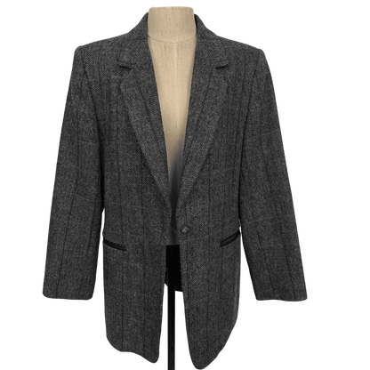 Vintage Harvé Benard Wool Herringbone Blazer with Leather - Trim Pockets (Size 10) - Loom Vintage