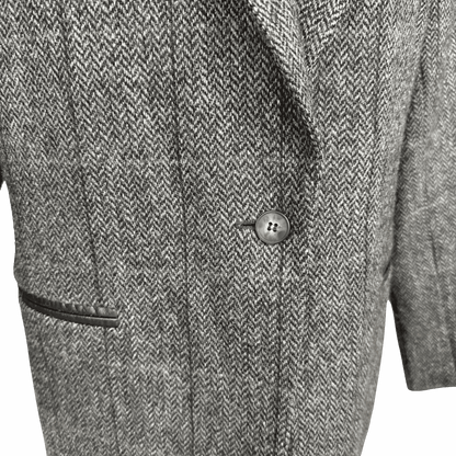 Vintage Harvé Benard Wool Herringbone Blazer with Leather - Trim Pockets (Size 10) - Loom Vintage