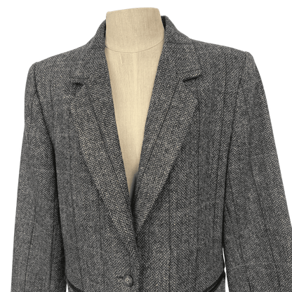Vintage Harvé Benard Wool Herringbone Blazer with Leather - Trim Pockets (Size 10) - Loom Vintage