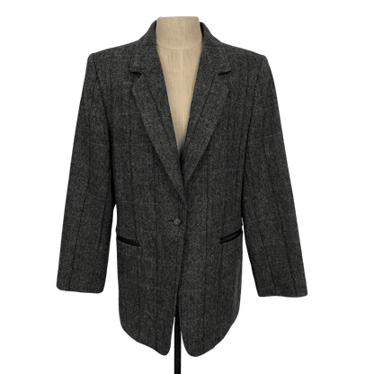 Vintage Harvé Benard Wool Herringbone Blazer with Leather - Trim Pockets (Size 10) - Loom Vintage