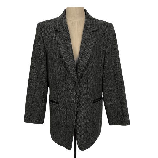 Vintage Harvé Benard Wool Herringbone Blazer with Leather - Trim Pockets (Size 10) - Loom Vintage
