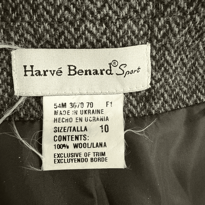 Vintage Harvé Benard Wool Herringbone Blazer with Leather - Trim Pockets (Size 10) - Loom Vintage